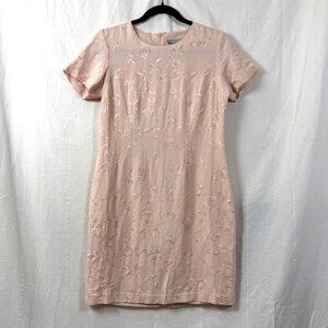 VTG Victoria Holley Dress Womens Sz 4 Petite Pink Embroidered Floral SS Sheath